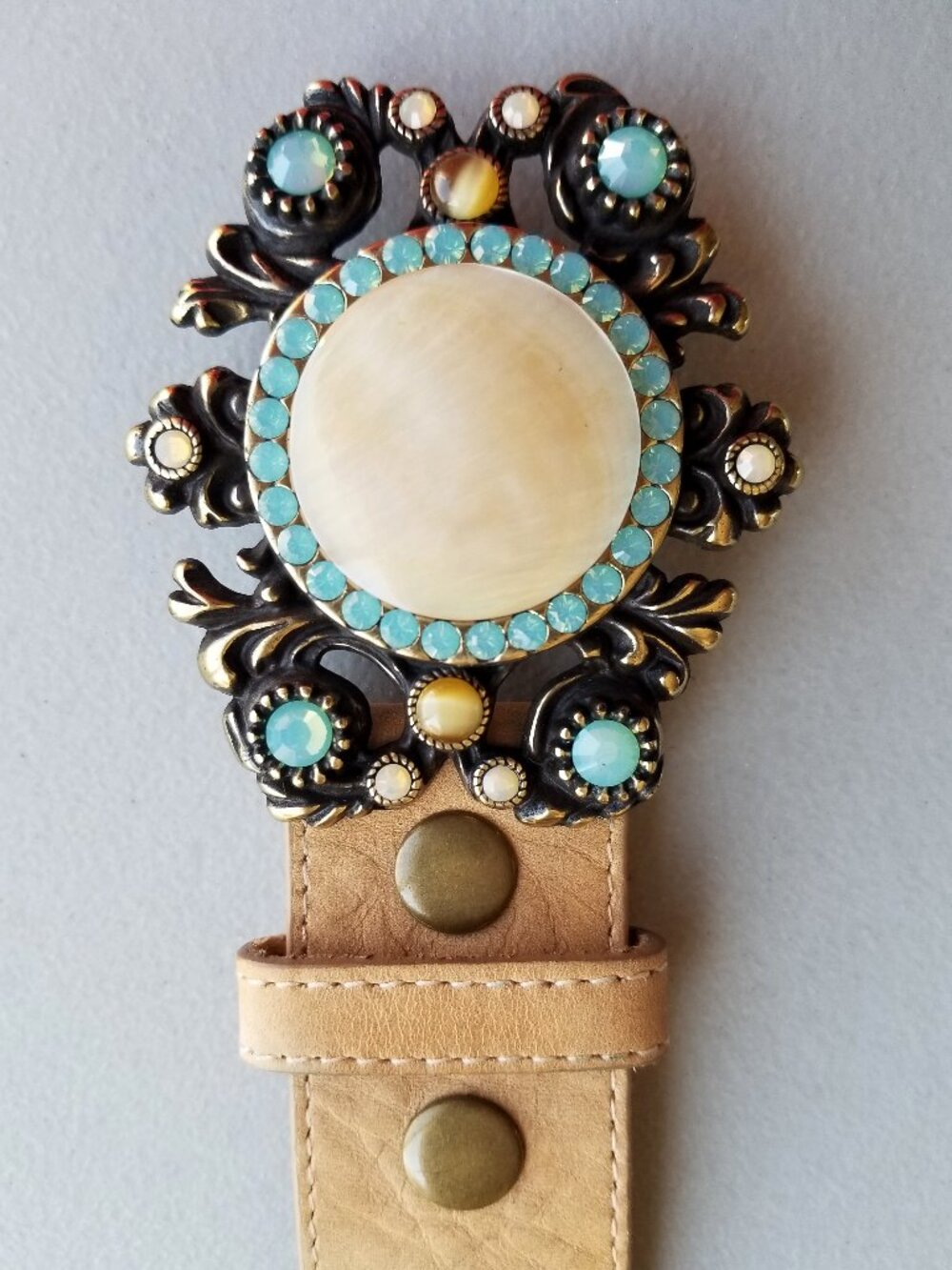 VTG Leatherock Gemmed Belt, Stunning Brass Buckle real Baby Blue stones Floral